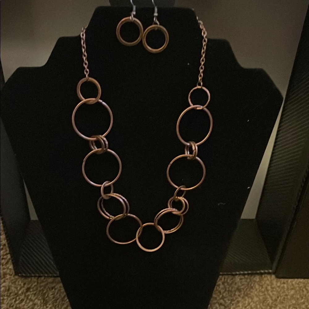 Copper Circle Link Necklace and Earring Set
